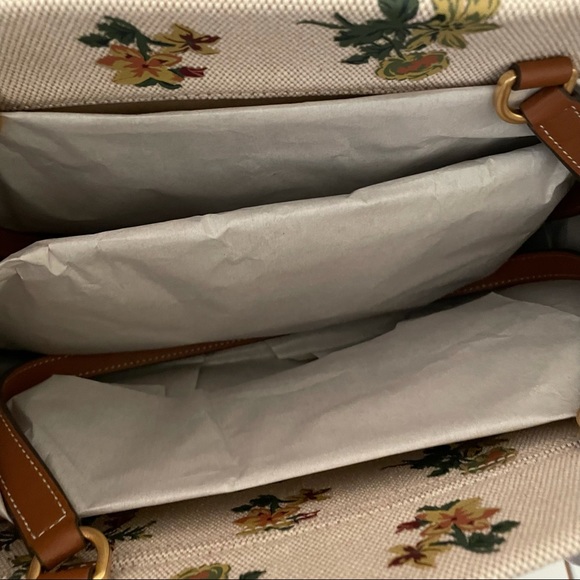 Tory Burch jumbo canvas tote shoulder bag natural rose floral yellow beige - Picture 8 of 14